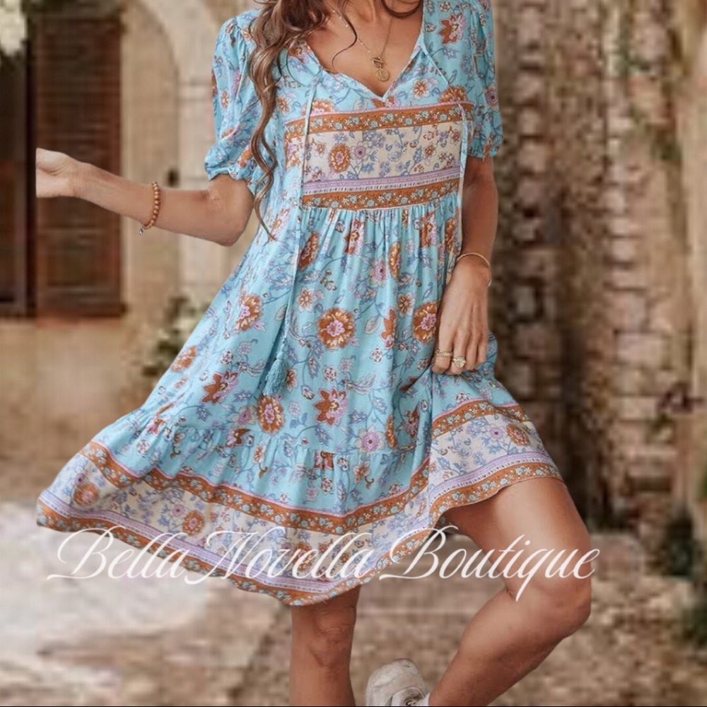 🔴 Boho Blue Floral Puff Sleeve Smock Dress